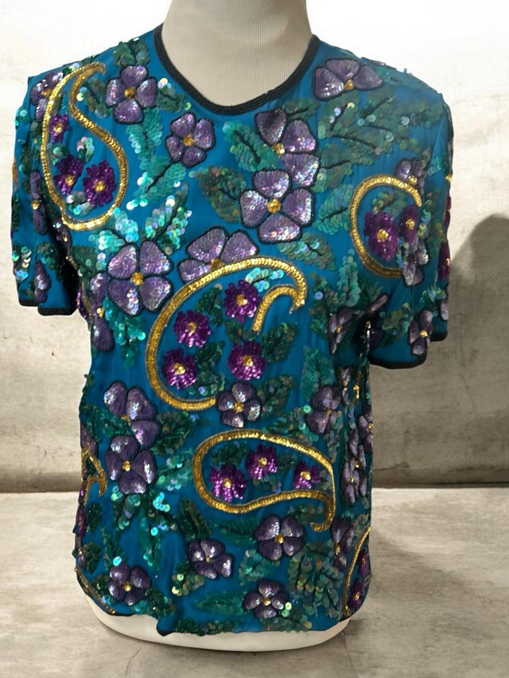 VTG 80s Carolyne Barton Night Silk Sequin Beaded Blouse  Disco Floral Paisley S